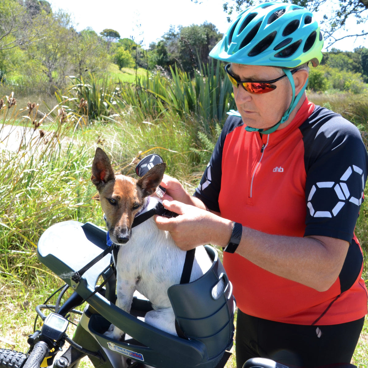 A man wearing a turquoise cycling helmet and a red and black cycling jersey adjusts a black pet carrier bag mounted on the rear rack of a bicycle. A small white and brown dog is sitting inside the bag.