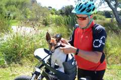 Garry clipping Truffle in while he eagerly awaits his ride